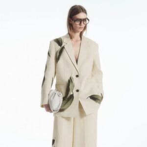 New COS Cos Leaf-Print Linen Blazer Jacket in Beige, size: 12 (fits like L)